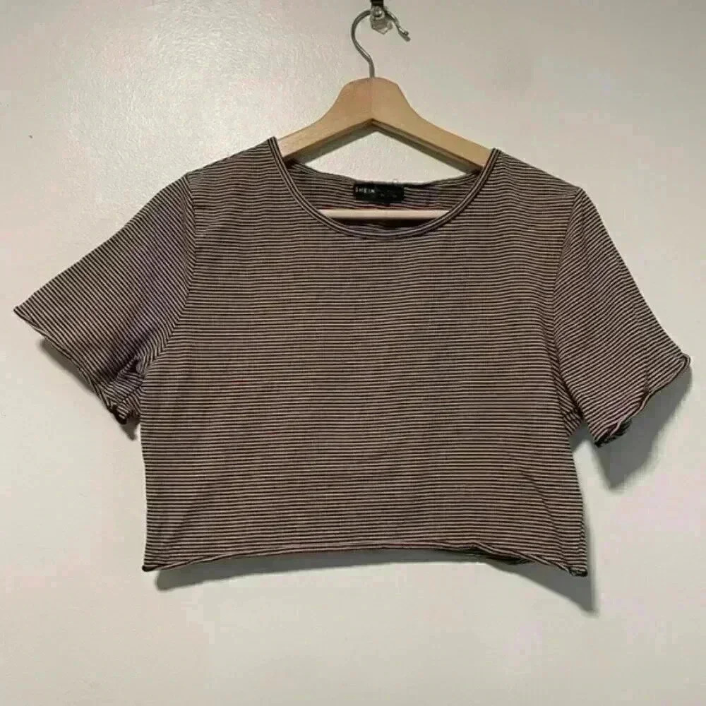 SHEIN Pink and Black Striped Cropped T-Shirt - Size L